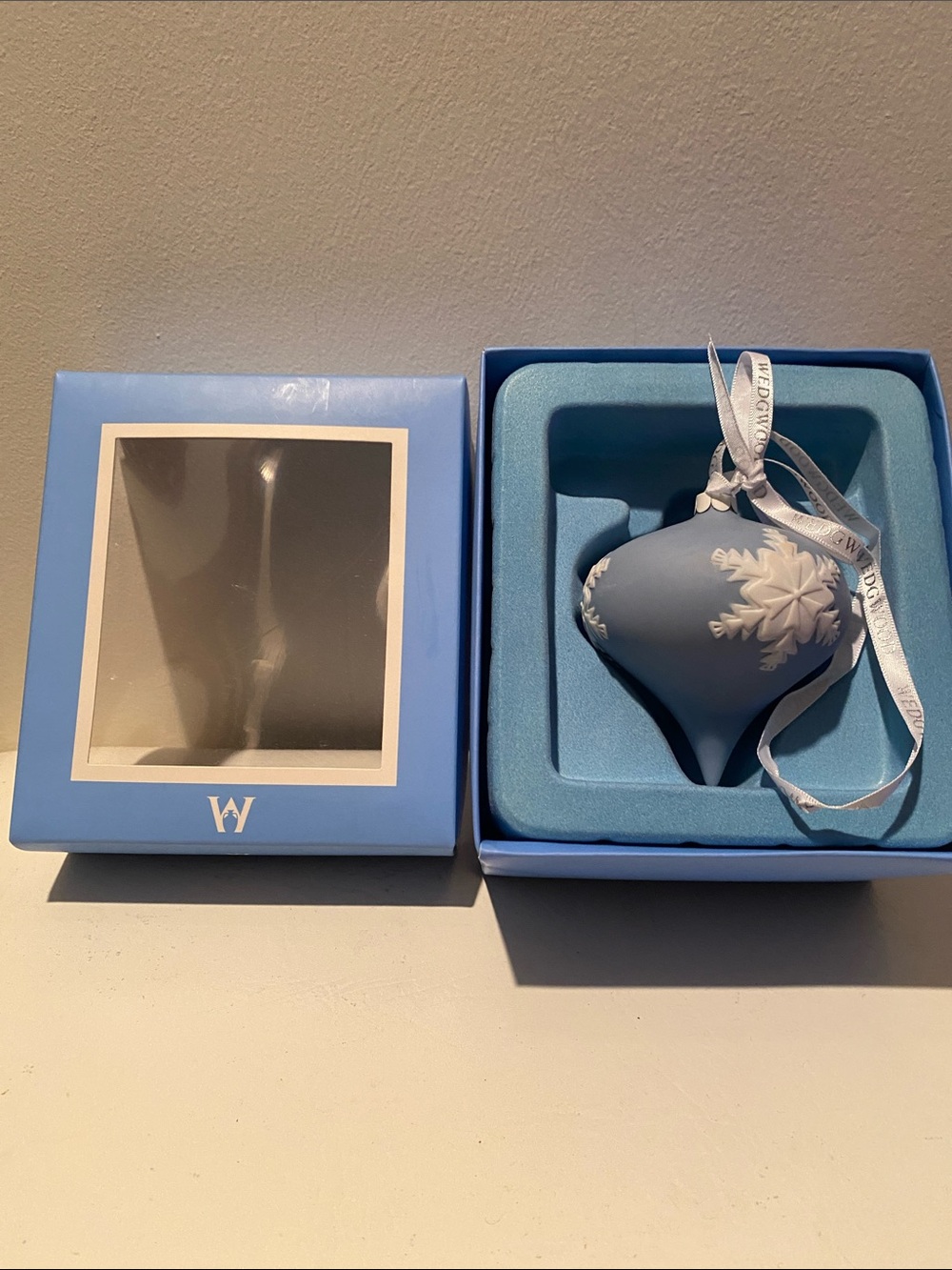 Wedgwood Light Blue Snowflake Drop Ornament with Ribbon